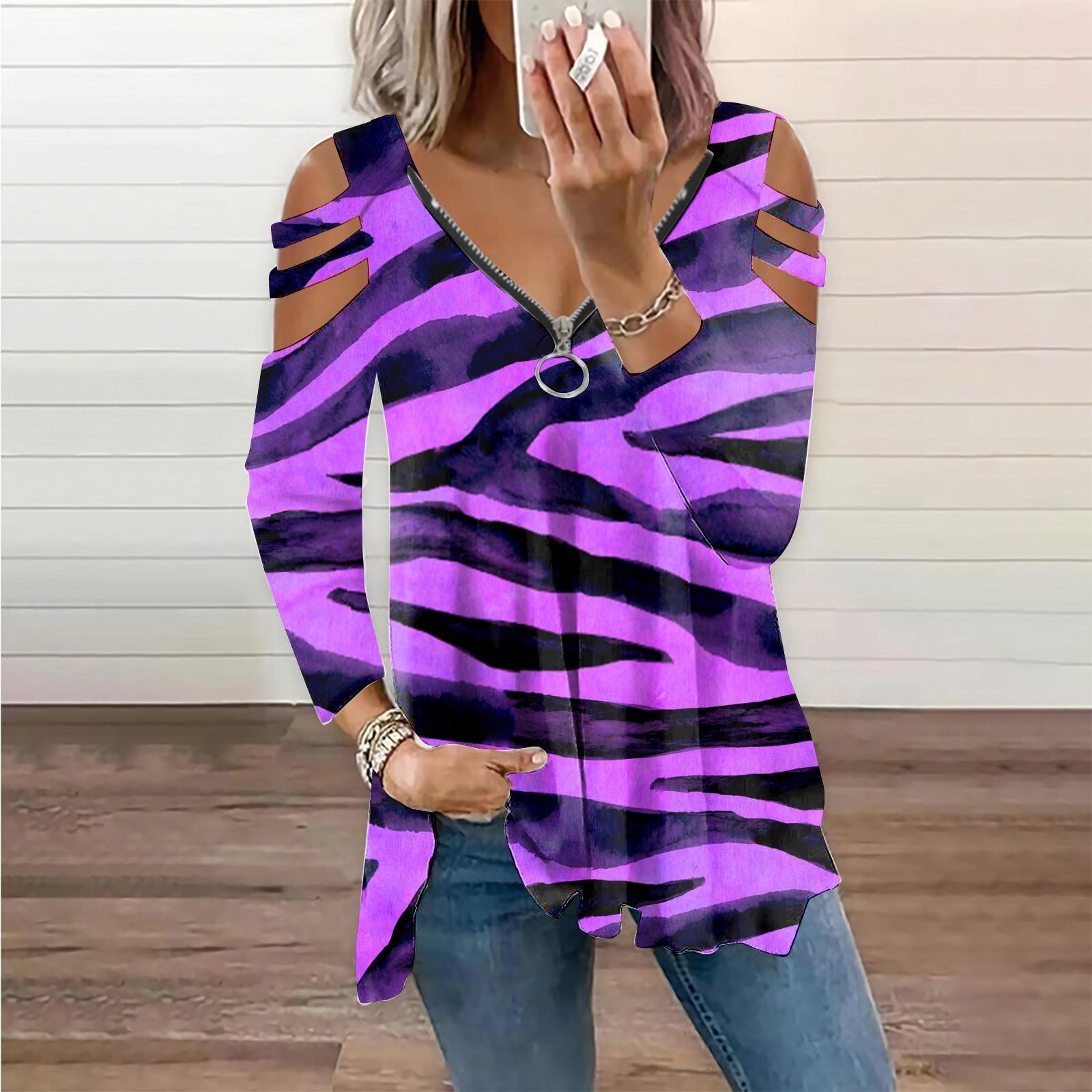 

Женская повседневная футболка с v-образным вырезом и открытыми плечами и длинными рукавами с цветочным принтом XXL фиолетовый