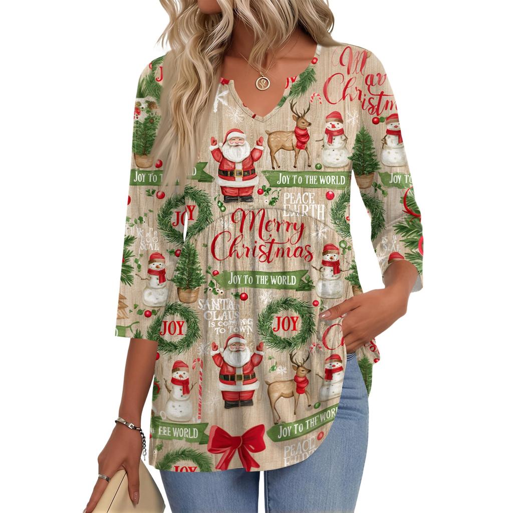 Women's Fashion Casual Christmas Print V-Neck Three-Quarter Sleeve Blouse
