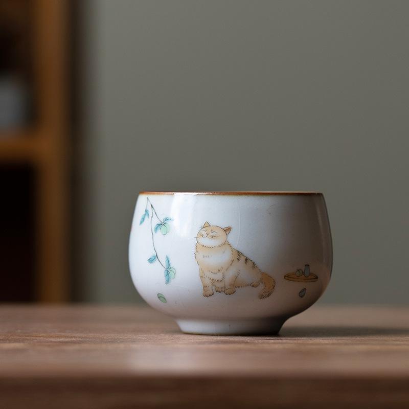 1 Pc Chinese Tradition Ru Kiln Ceramic Tea Cup Handmade Cute Cat Teacup Household Personal Tea Bowl Travel Master Cup Tea Set