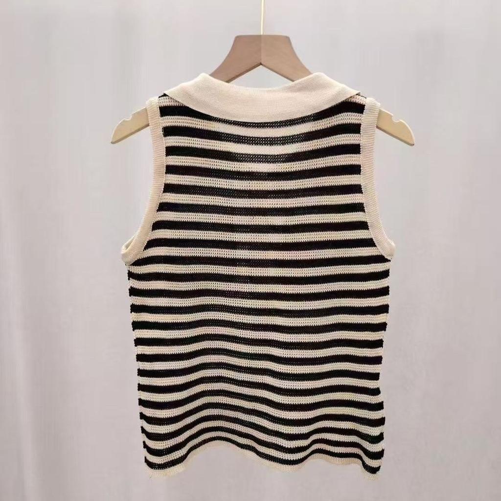Fashionable Gold Buttoned Striped Sleeveless Summer Sexy Off-shoulder Cool Lightweight Knitted Top for Women