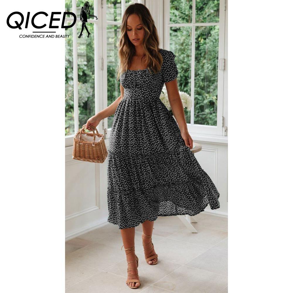QICED Summer Love Polka Dot Dress Women Casual A-Line Short Sleeve Square Collar Ruffle Midi Dress Chiffon Red Black Blue Green