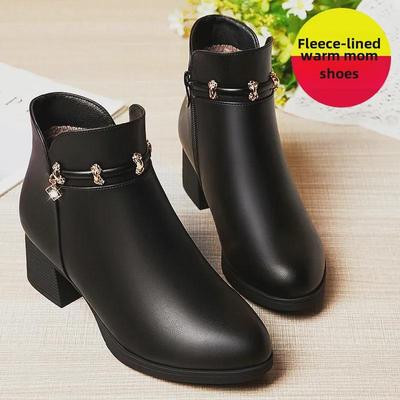 Leder-Winterstiefel mit mittlerem Absatz für Frauen mittleren Alters - Warm, rutschfest, mit Samtfutter.