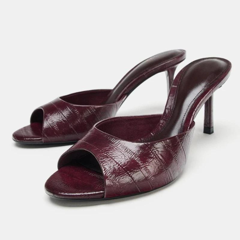 

Burgundy Textured Leather Design Heeled Slippers Women Sexy Peep Toe Stiletto Slide Sandals Elegant Party Dress Shoes Sandalias 35 бордовый