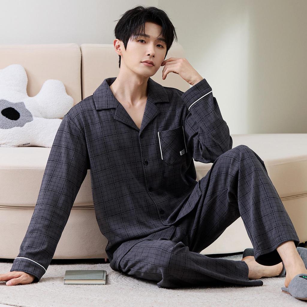 Herren Frühling/Herbst Baumwoll-Pyjama-Set - Langarm-Cardigan & Hose, Outdoor-tauglich