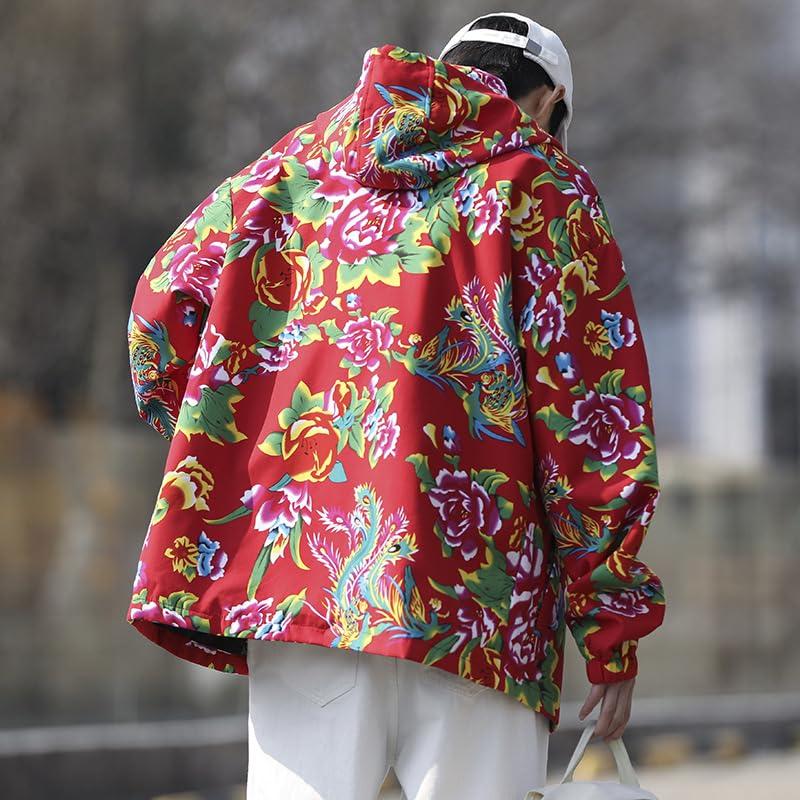 Rosesky Long with a Bright Floral Zipper Windproof and Chinese Street Available in Two Plus Sizes Men's Hoodie, Sleeve, Print, closure, Unisex,