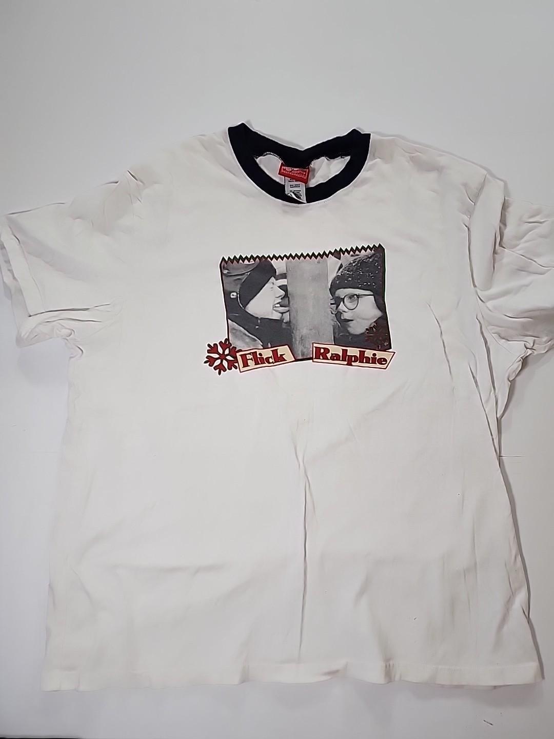 A Christmas Story Flick/Ralphie White Shirt With Black Neck Trim Size Lg Large Unisex T-Shirt M