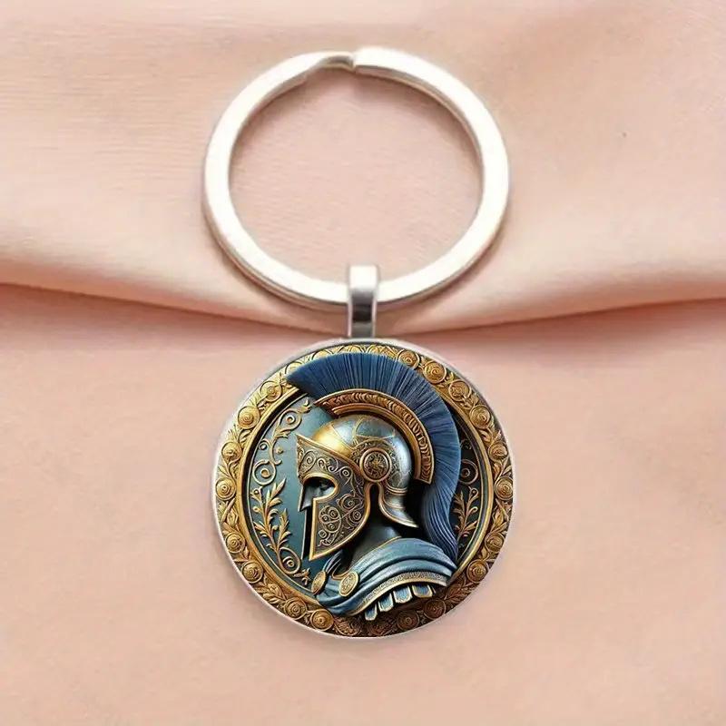 

Exquisite Retro Roman Warrior Helmet Pattern Glass Pendant Key Chains for Men Women Creative Bag Pendant Jewelry Accessory Gifts