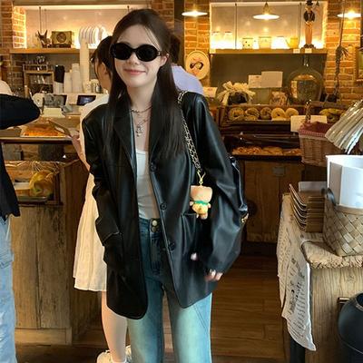 Giacca Street alla Moda Nera Design PU Stile Biker per Donna—Moda Motociclistica Coreana High Street Chic Blazer