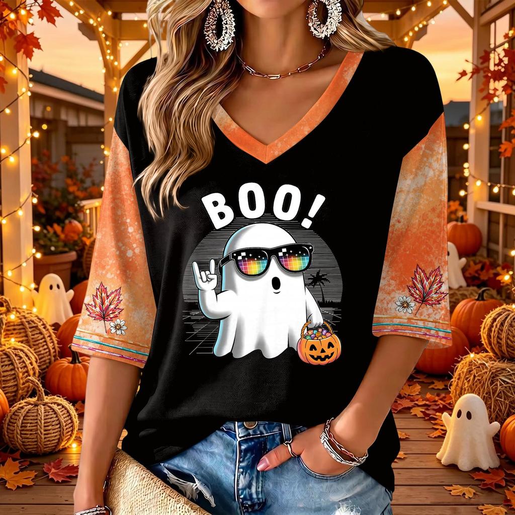 Women's Halloween Print V-Neck 3/4 Sleeve Casual Blouse Top
