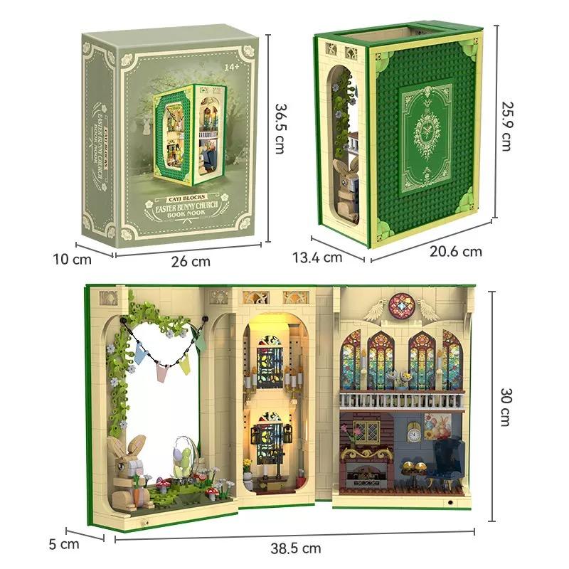 1112Pcs Bunny Easter Egg Church Construction Blocks Book Nook Model With Lights, Openable Bookend Moc Kid S Toys Easter Present Rabbit