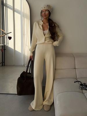 Fall Winter New Knit Set Women Long Sleeve Cardigan Pants Solid Color Sweater 3 Piece Outfit