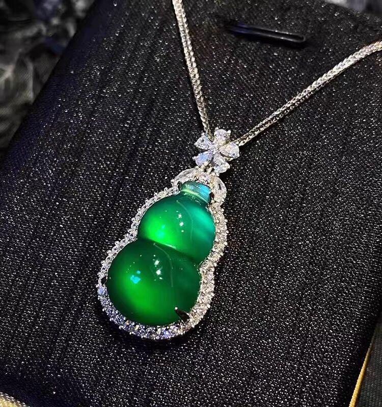 Imperial Green Myanmar Jade Gourd Pendant with Diamonds, Silver Setting