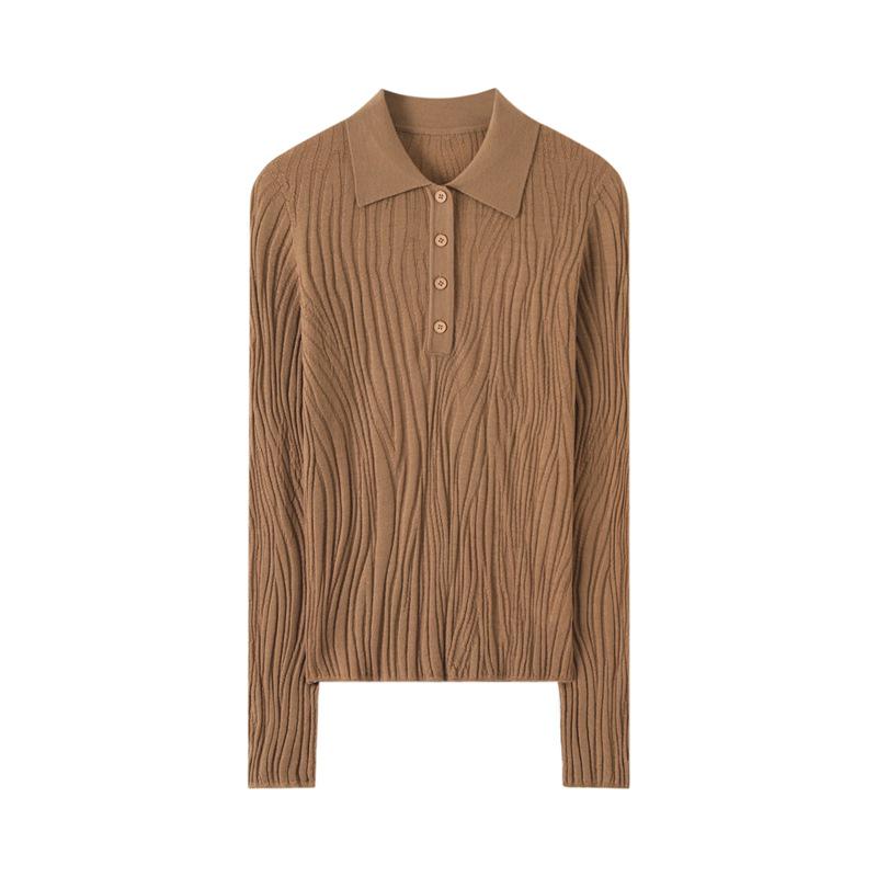 Women's 100% Wool Polo Collar Sweater with Gauze Wave Pattern - Spring/Autumn Pullover Base Layer