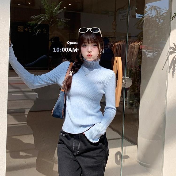 Autumn Knitted Turtleneck Long Sleeve Slim Jumper Tops Women Sweater Pullover Solid Ruffles Ladies Casual Shirts Soft Sweaters