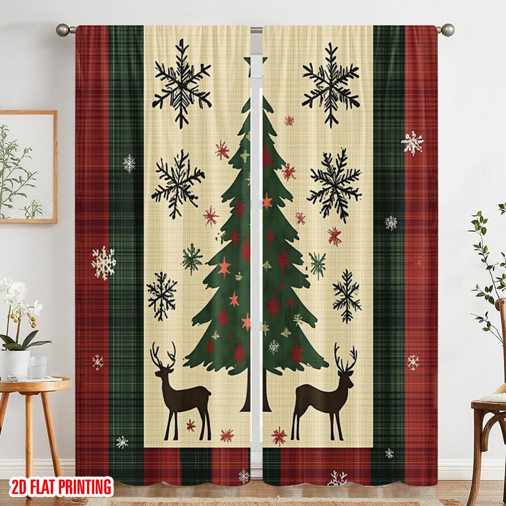 2 Stück, 2D-Flachdruck Vorhänge&Fensterdekoration Büffelkaro Weihnachtsbäume Schneeflocken_c Vielseitiger Stoff (ohne Stange) Zimmer