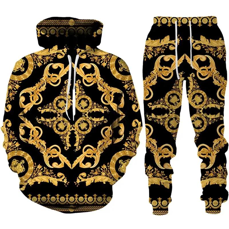 Fashion Luxury Golden Pattern Men Hoodie Sets 3D Print Sweatshirt Hooded Sweatshirt Oversize Sportswear Trousers Suit  Clothing