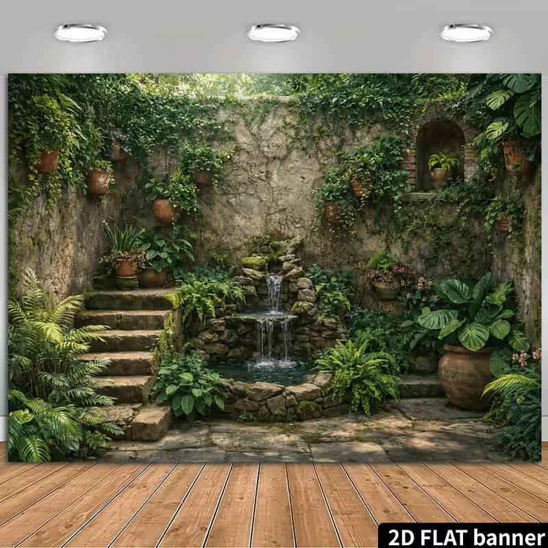 2D Vintage Walled Garden Waterfall with Lush Greenery Backdrop Photo Background
