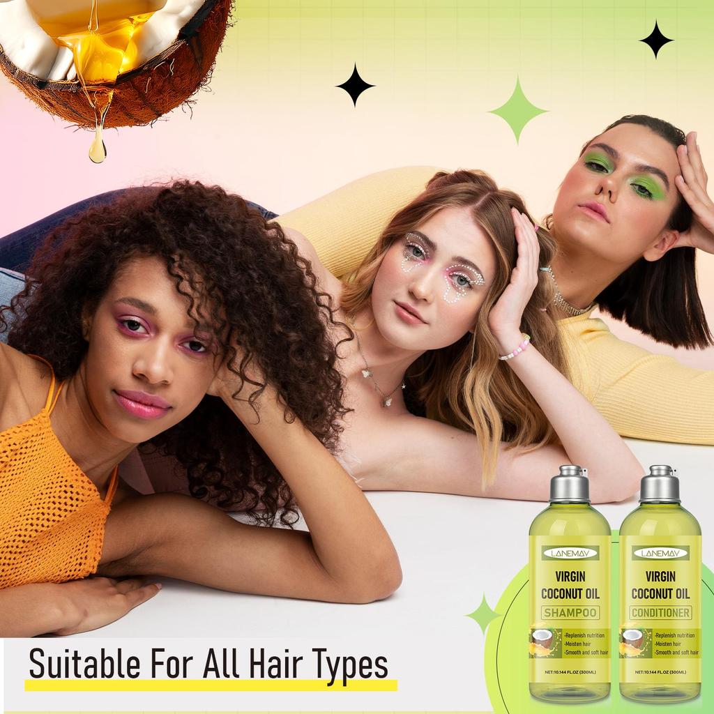 Virgin Coconut Oil Shampoo And Conditioner Set-Deeply Clean, Moisten, Smooth & Soft Hair-Suitable for all Hair Types, 300ml+300ml