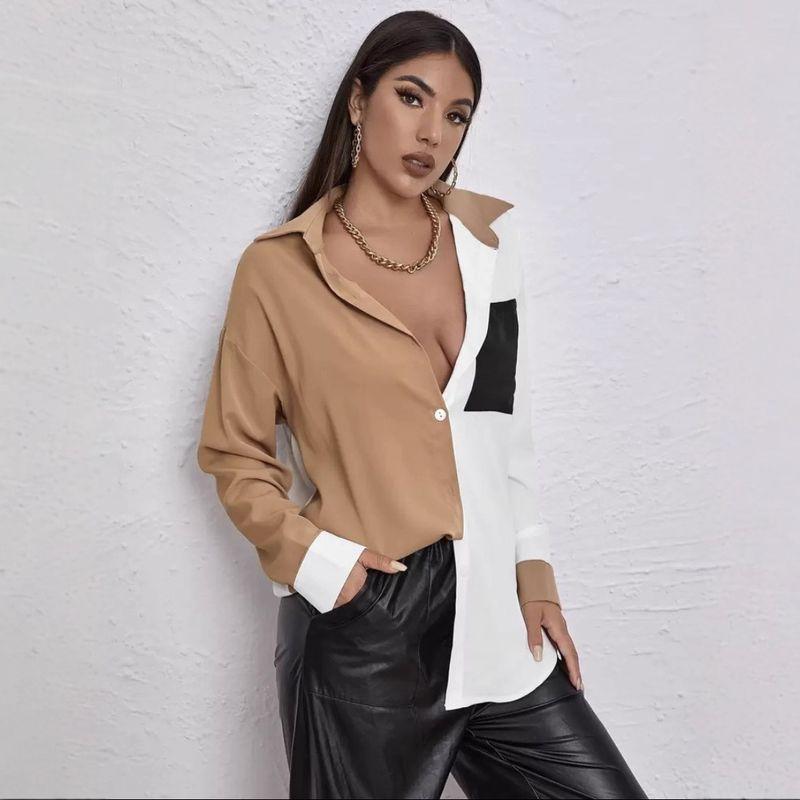

Autumn Fashion Waist-Tight Contrast Color Shirt Long Sleeve Chiffon Shirt Women s Long Sleeved Chiffon Shirt White Brown 2XL