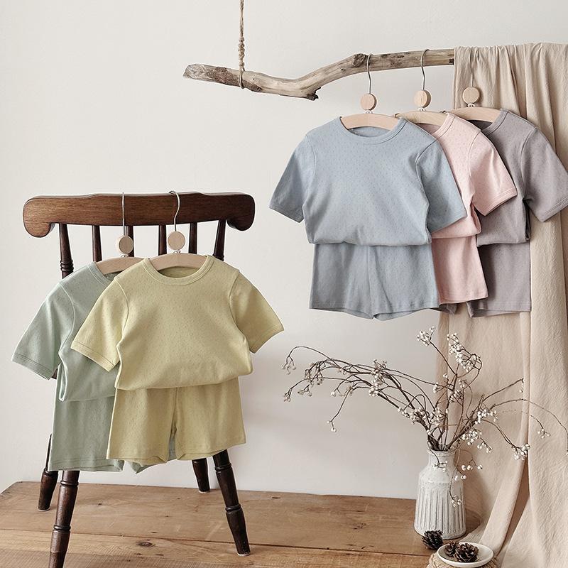 Summer Kids Cotton Pajama Set Class A Baby Breathable Solid Home Wear Two Piece Suit