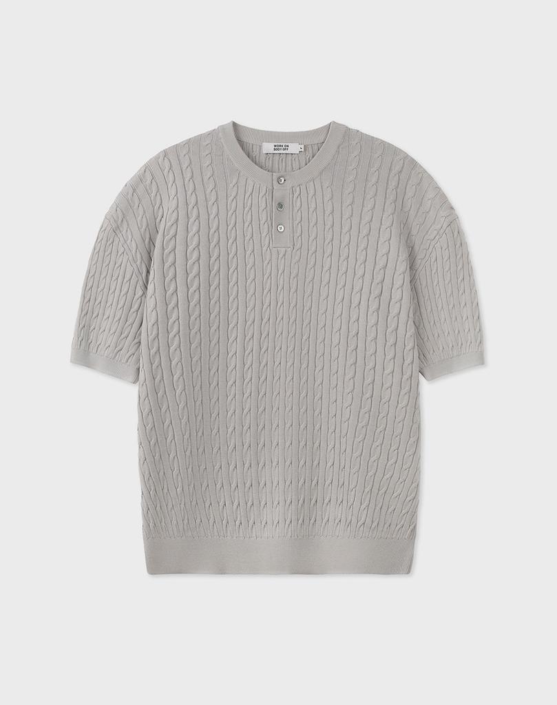 WORK ON BODY OFF Cool Bamboo Semi-Overfit Cable Henley Neck Short Sleeve Knit [Gray]