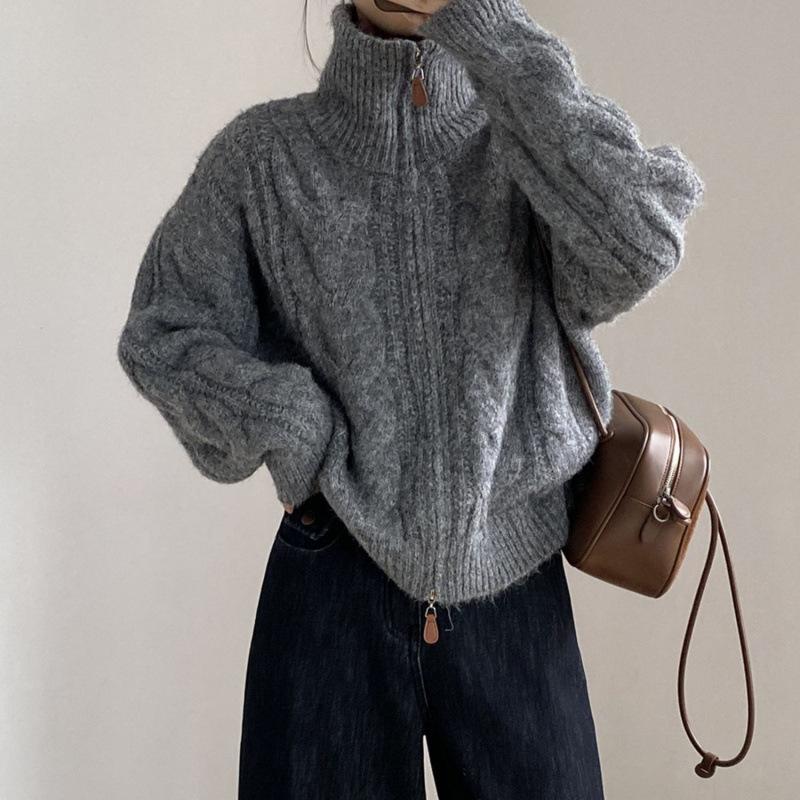 

High Neck Zipper Sweater Cardigan Women S Autumn And Winter New Loose Soft Waxy Fried Dough Twists Knitting Coat one size сірий