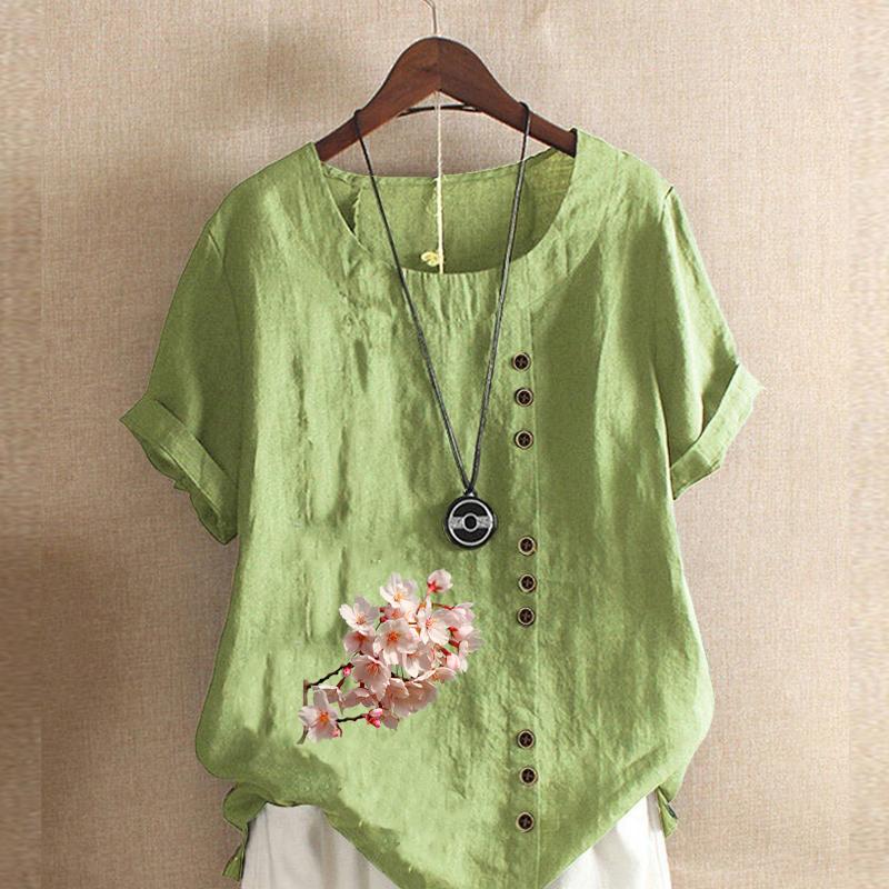 

Женская модная футболка с круглым вырезом и коротким рукавом с принтом «цветок сливы», повседневная рубашка из хлопка и льна с рисунком, свободная летняя блузка для отдыха, топы 5XL зелёный