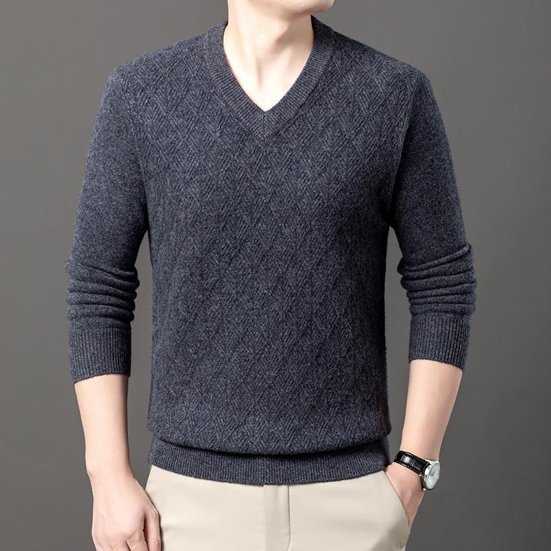 

Autumn Winter 100% Sheep Wool Men s Sweater V-Neck Jacquard Smart Casual High Quality Knit Pullovers XL