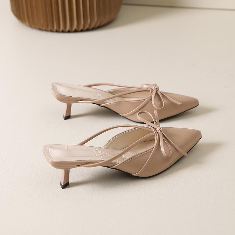 

stiff heel bow bag head half slippers fairy shoes 2025 summer new French temperament large size half slippers woman 40
