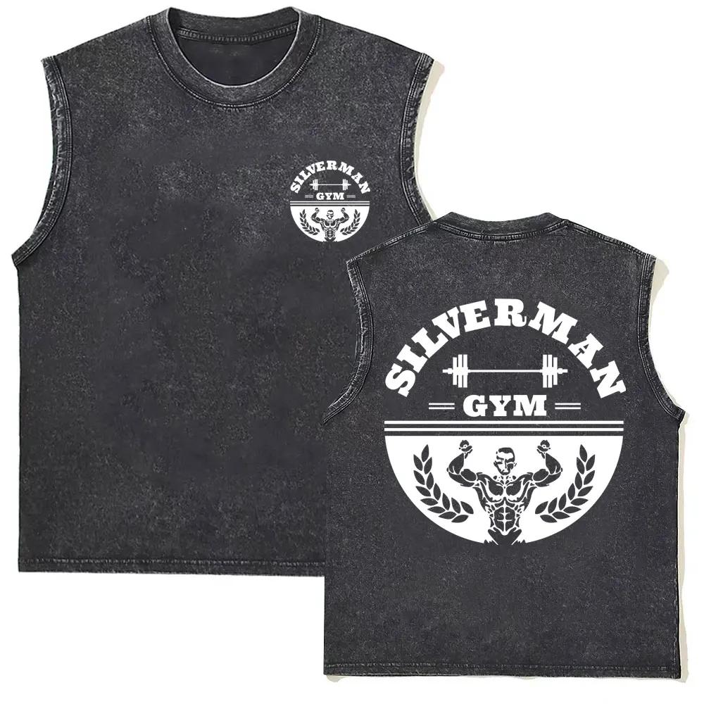 Men's Vintage Washed Sleeveless T-Shirt Powerhouse Gym Print Bodybuilding Tank Top Cotton Casual Muscle Fitness Vest