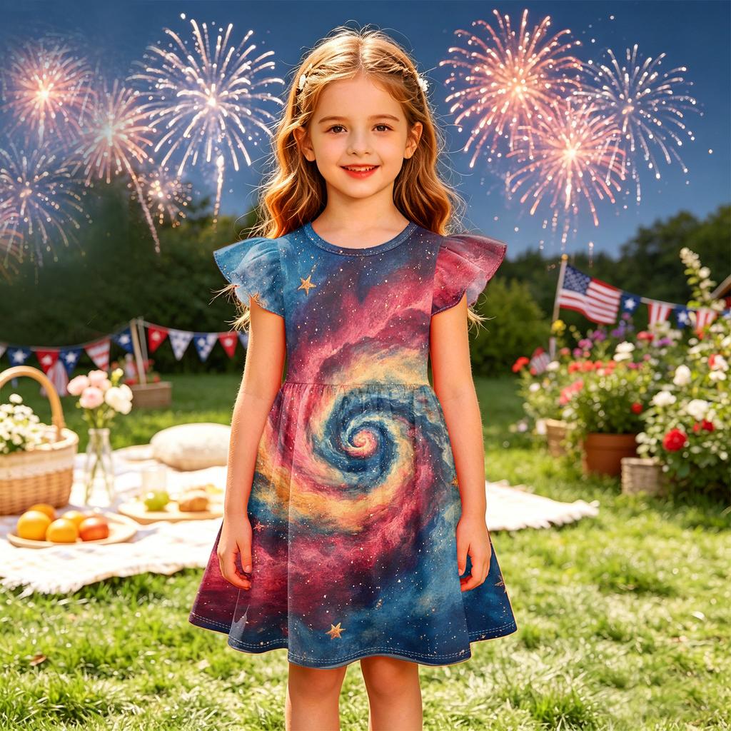 Girls Short Sleeve Dress with Star and Stripe Print Soft Crew Neck Casual A Line Fit Lightweight Summer Dress