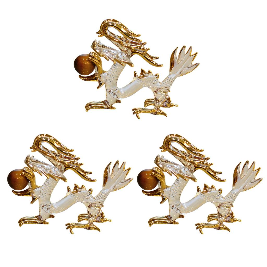 Fourcato Handmade Glass Natural Stone Tiger Eye Dragon, Small, Set of 3