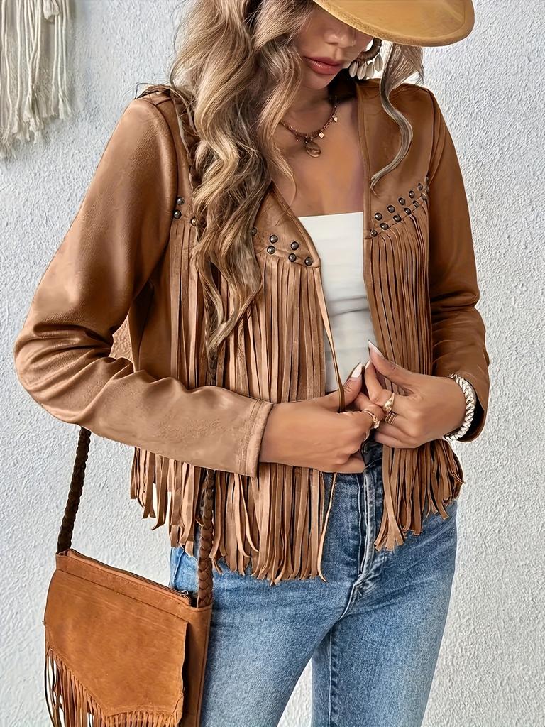 New Fringed Jacket with Faux Fur and Tassel Decoration, No Button Short Sleeve Women's Long Sleeve Cardigan Jacket
