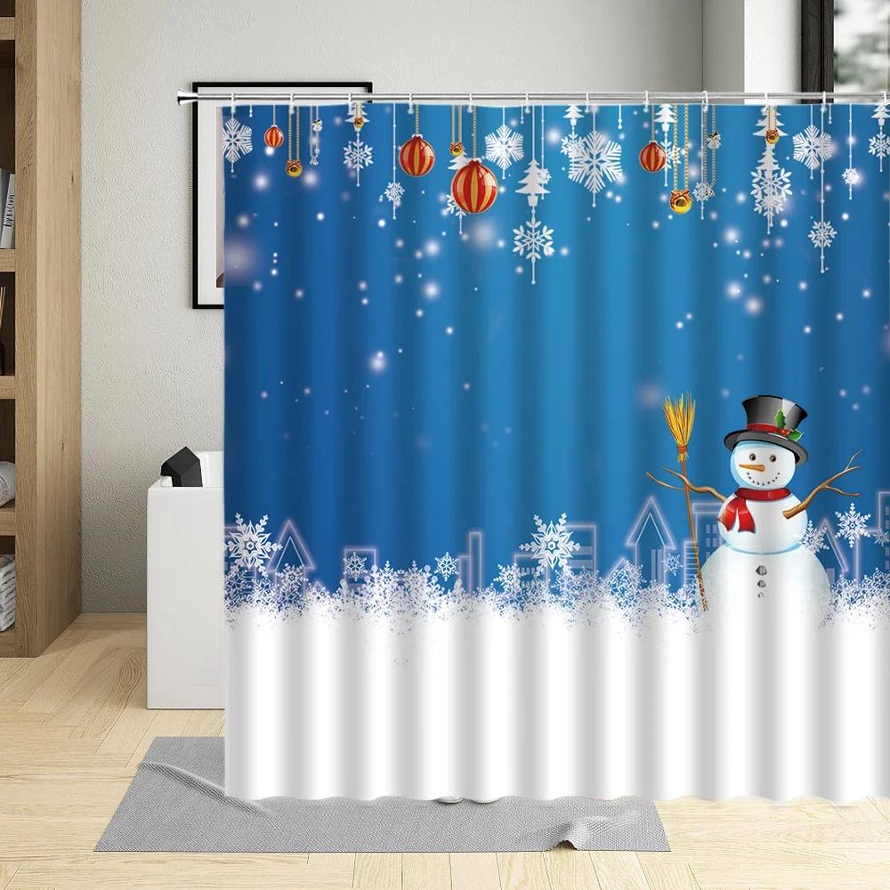 Merry Christmas Shower Curtain Xmas Tree Socks Elk Wooden House Snowman Winter Festival Decor Wall Cloth Bathroom Curtains Sets