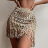 Hollow Out Sexy Beach Skirt Women Belt Solid Elastic Cut-out Knitted Skirt Summer Holiday Casual Split Tassels Mini Skirt 25173