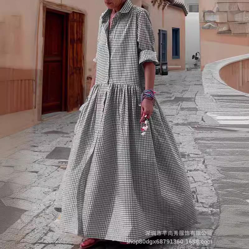 Women's Plaid Midi Dress with Ruffled Waist, Notched Collar and 3/4 Sleeves in Pink, Blue, Gray