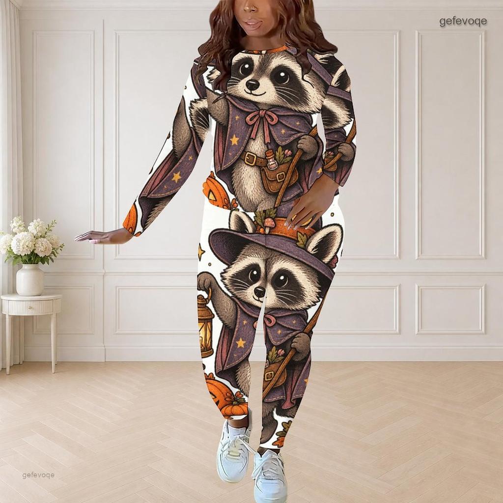 Women Plus Size Round Neck Long Sleeve Printed Highland Cow Fitted Two Piece Pants Set