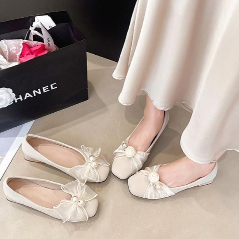 New Spring French Elegance Pearl Flower Chunky Heel Single Shoes Women Autumn Low Cut Gentle Match Skirts  Evening Shoes