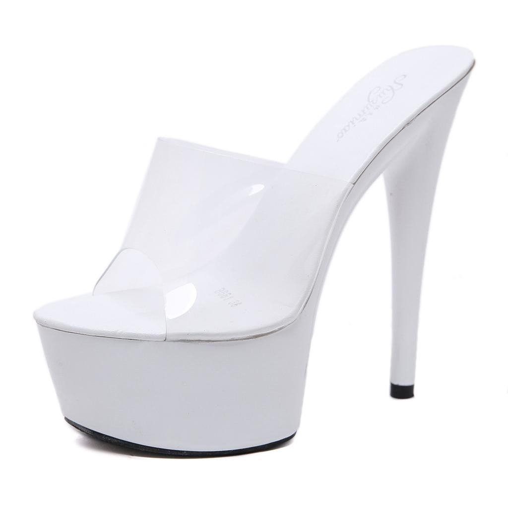 Damen Plateau Stiletto Mules, 15CM Peep Toe Römischer Stil Slip-On Partykleid Hausschuhe