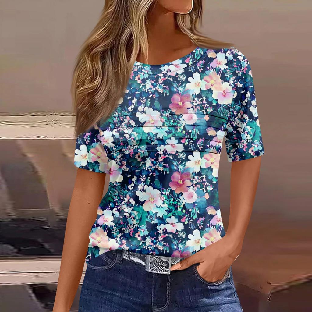 Women's Pleated Round Neck Floral Print Short Sleeve T-Shirt Slit Hem Top