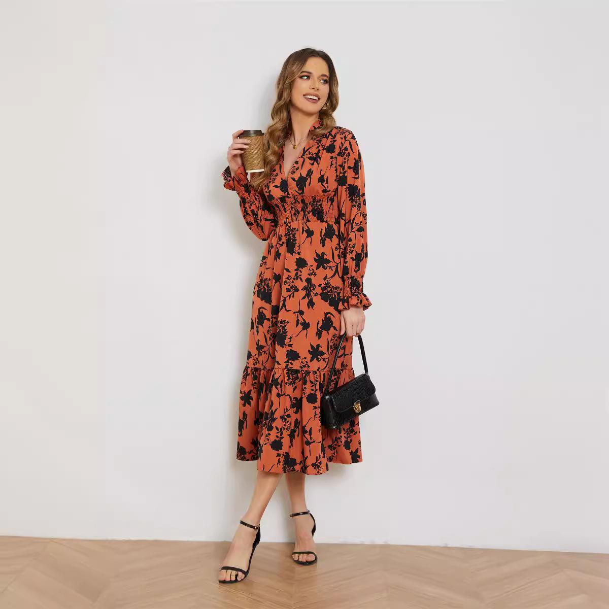 

Весенние и летние женские платья с v-образным вырезом и длинными рукавами, высокой талией и цветочным принтом XL