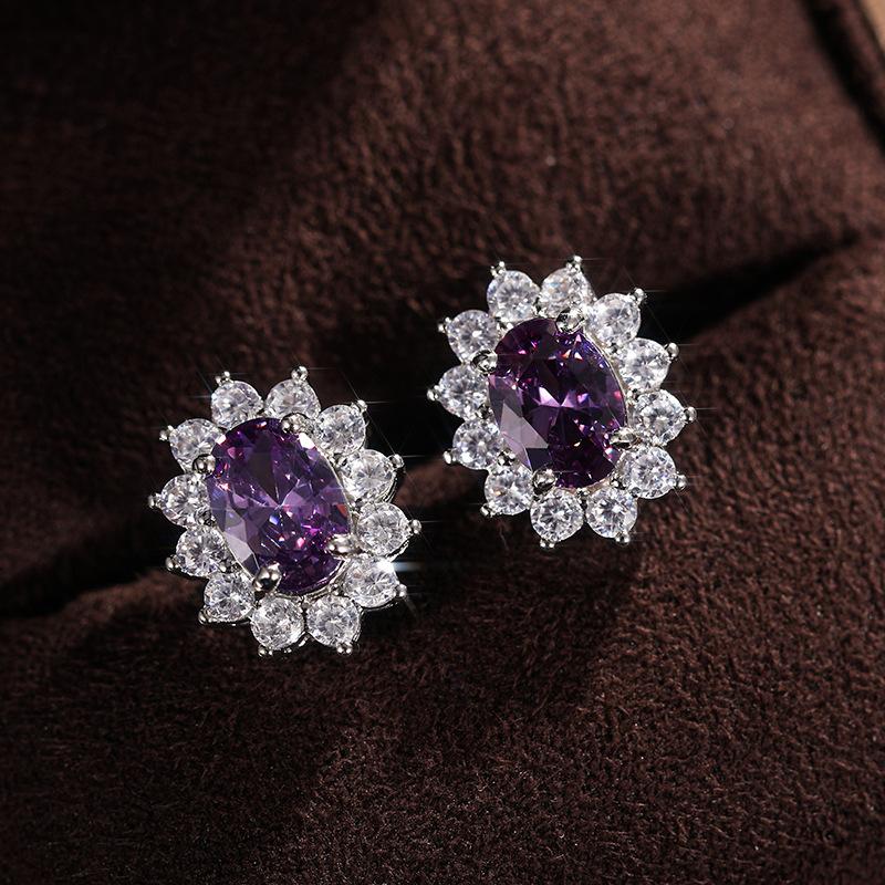 

New 7 Color Flower Zircon Sterling Silver Woman Stud Earrings Fashion Exquisite Stones Flowers Lovely Princess фіолетовий