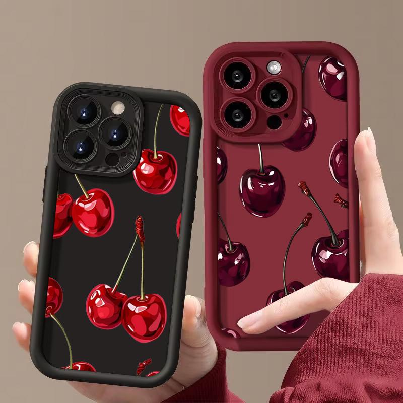 Luxury Wine Red Cherry Print Silicone Soft Phone Case For 17 16 15 14 13 12 11 Pro Max 17 Air 16E XS X XR 7 8 Plus Cover