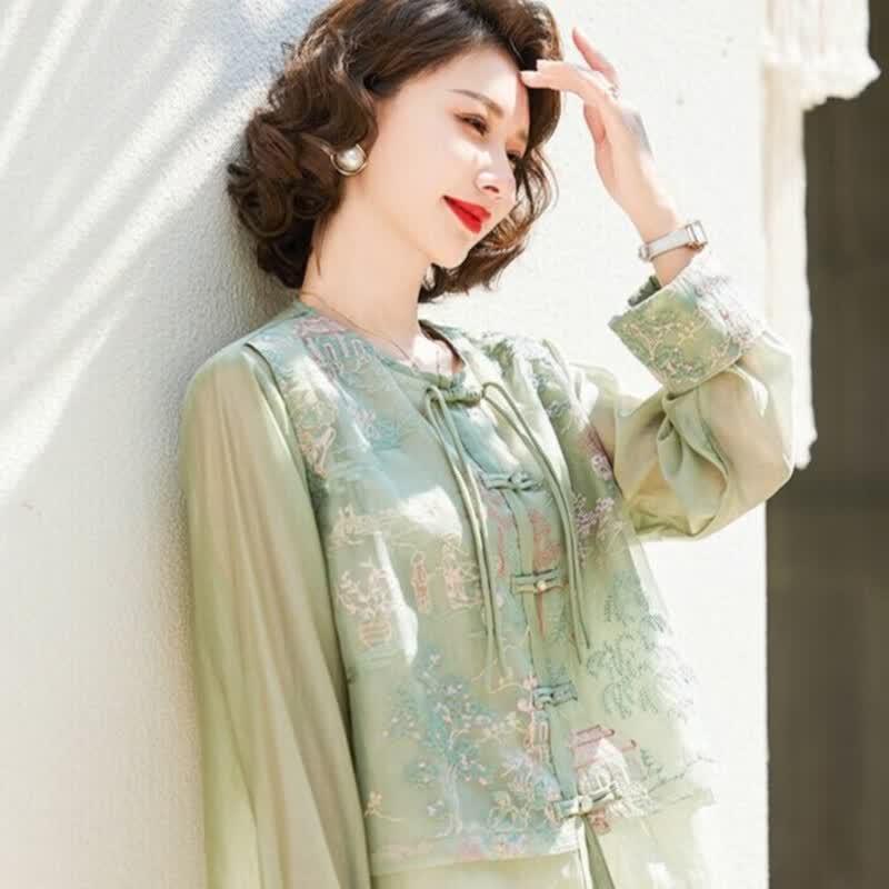 Jianhu Elegant New Chinese Style Spring Shirt Set for Women 3XL