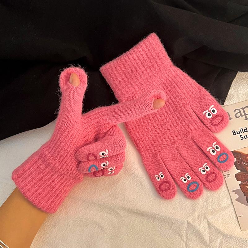 Big mouth monster gloves five fingers cute Korean version wool knitted thickened thermal gloves women's winter riding can touch screen