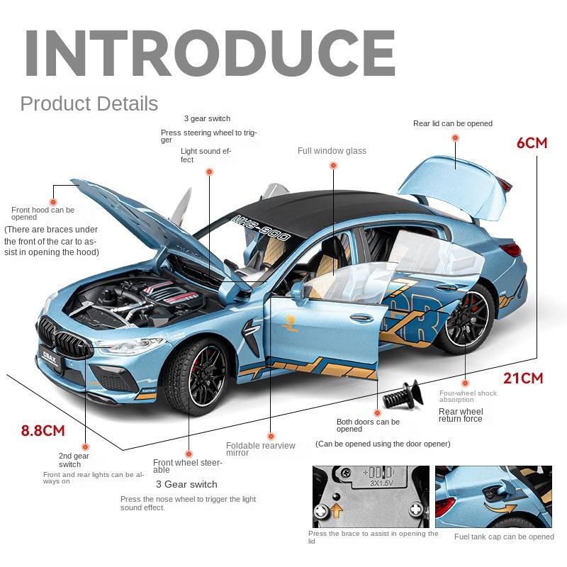 2024 New Similation 1:24 BMW M8 Supercar Alloy Car Model Sound and Light Pull Back Die Cast Children's Toy Collectibles Birthday Gift