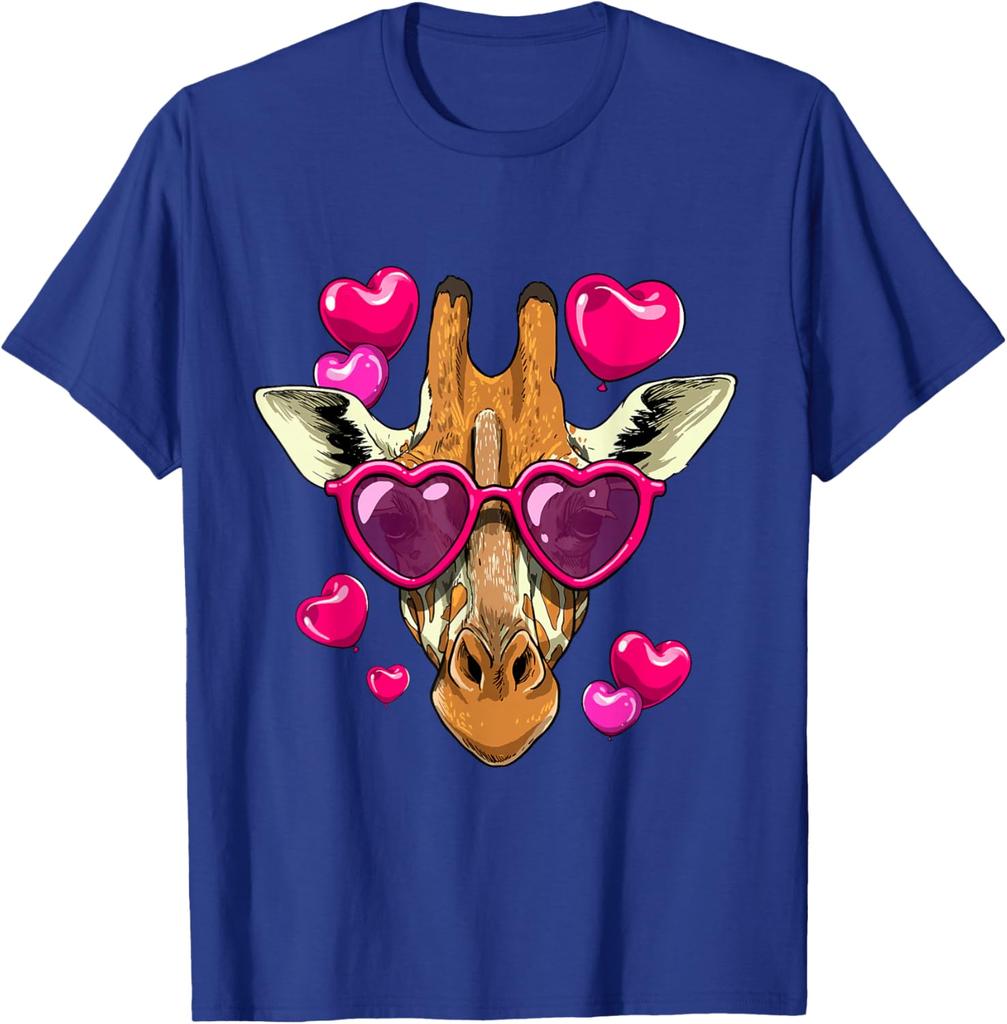 Giraffe Heart Sunglasses Valentines Day Funny Animal Graphic Tee Short Sleeve Casual Crewneck T-Shirt
