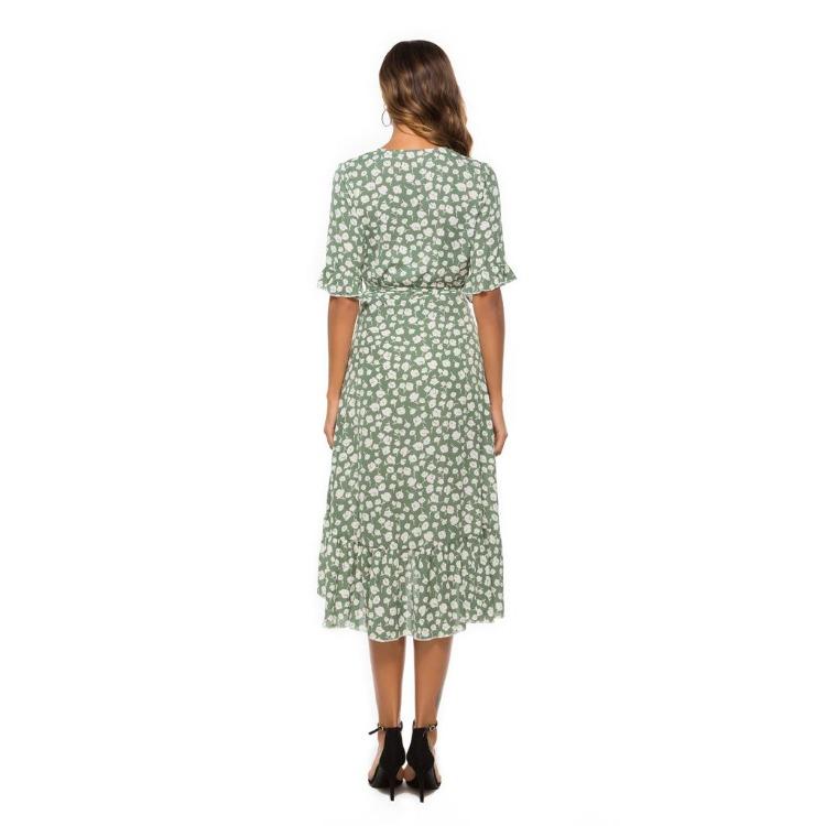 Summer Women Chiffon Wrap Dress V Neck Short Sleeve Long Print Dresses Ruffled Hem Sizes S XXL
