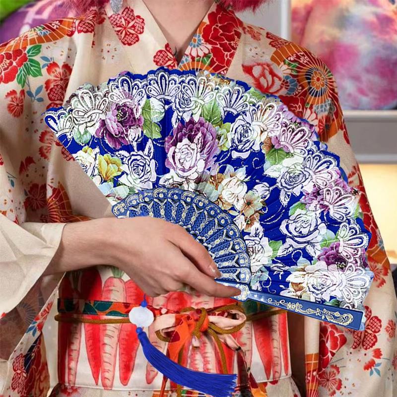 1PC Silk Fan Decoration Fans Floral Pattern Dance Tassel Vintage Folding Fan Hand Fan