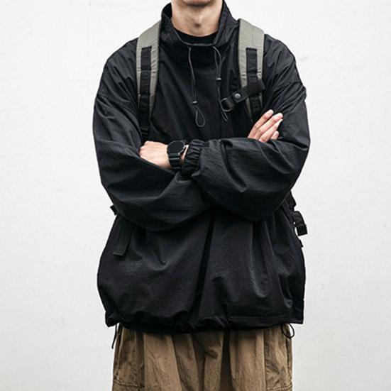 Men Jacket Solid Color Half Turtleneck Streetwear Autumn Washed Elastic Cuff Windbreaker for Daily Wear